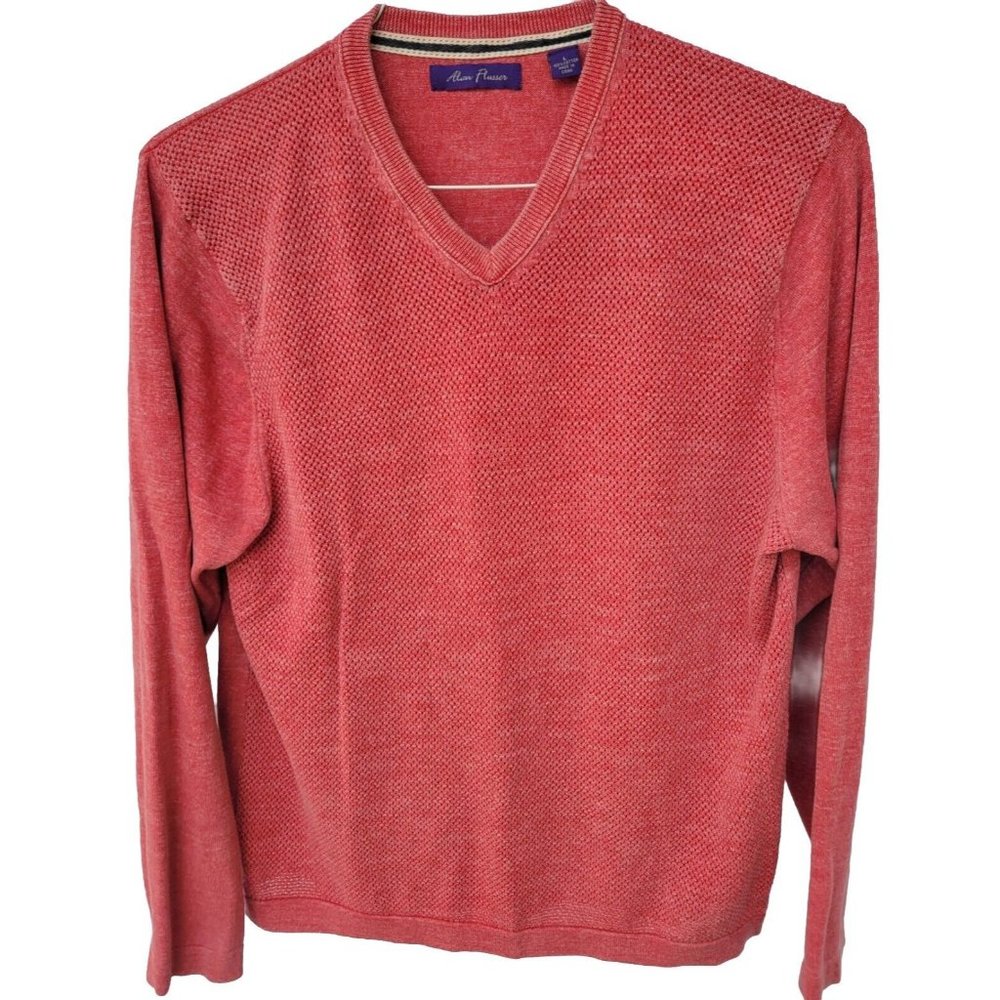 Alan Flusser V-neck Sweater M, Red Cotton Blend Men's Size L